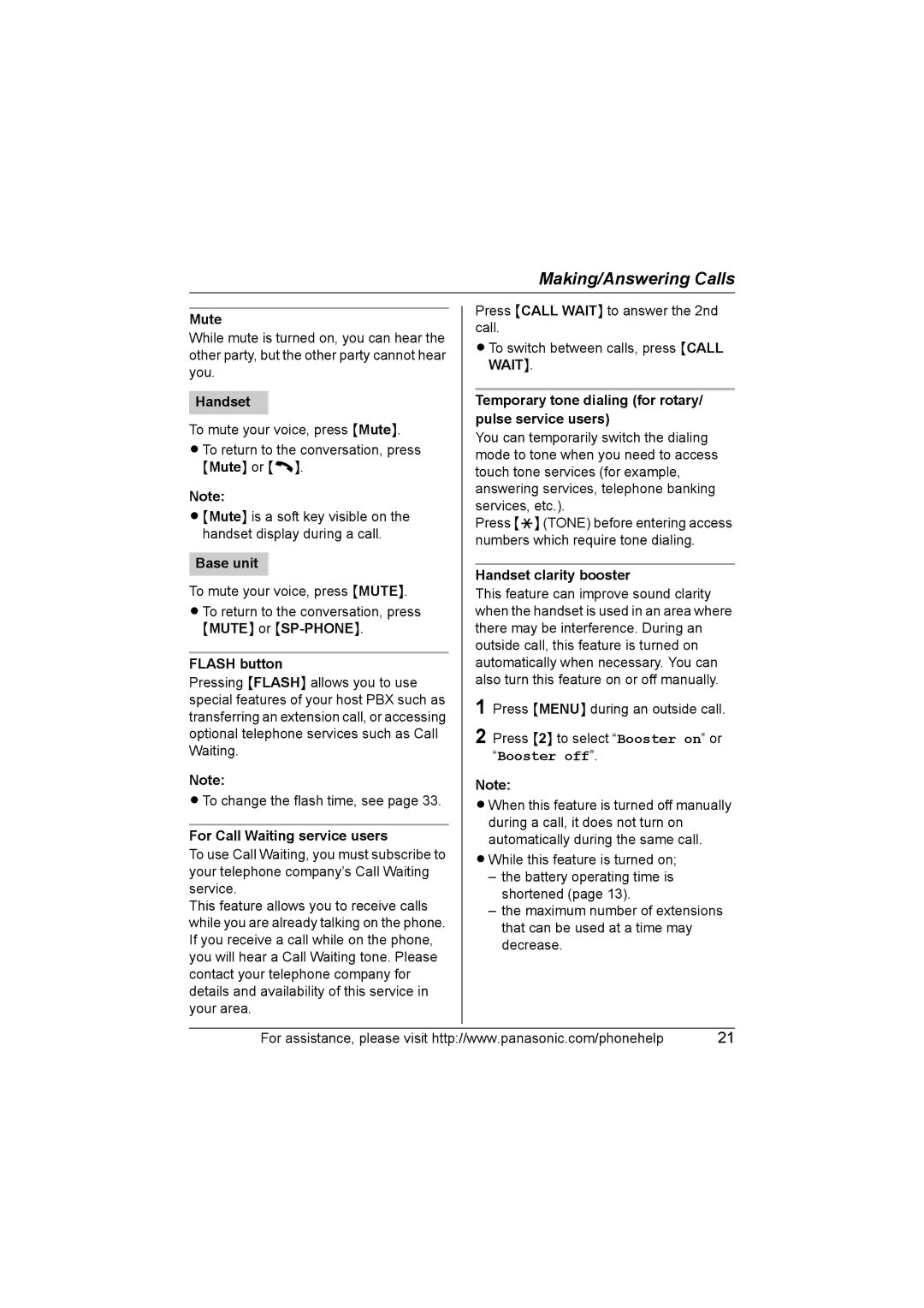 Panasonic KX-TG5664 operating instructions Mute, Flash button, For Call Waiting service users, Handset clarity booster 