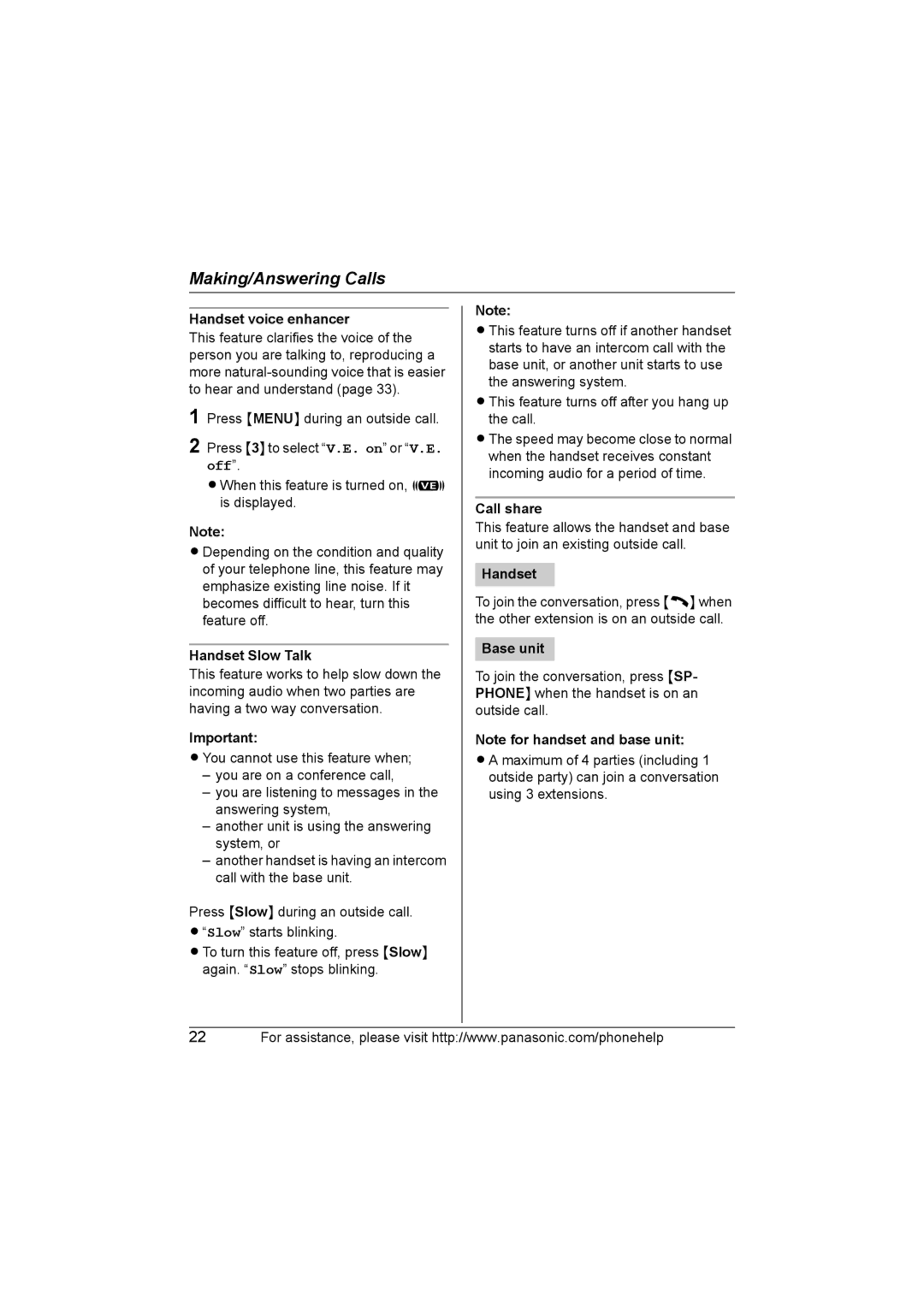 Panasonic KX-TG5664 operating instructions Handset voice enhancer, Handset Slow Talk, Call share 