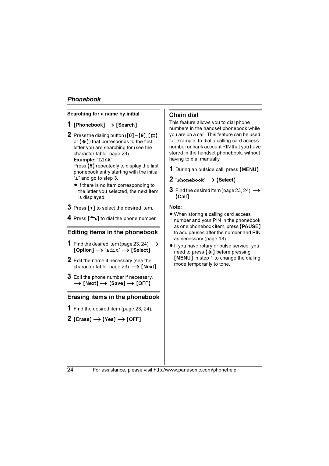 Panasonic KX-TG5664 operating instructions Editing items in the phonebook, Erasing items in the phonebook, Chain dial 