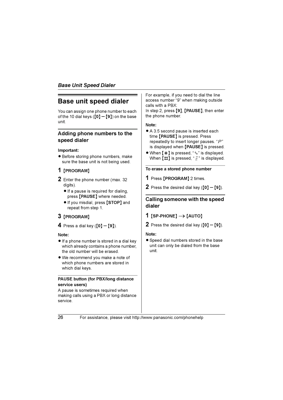 Panasonic KX-TG5664 operating instructions Base unit speed dialer, Adding phone numbers to the speed dialer, Program 