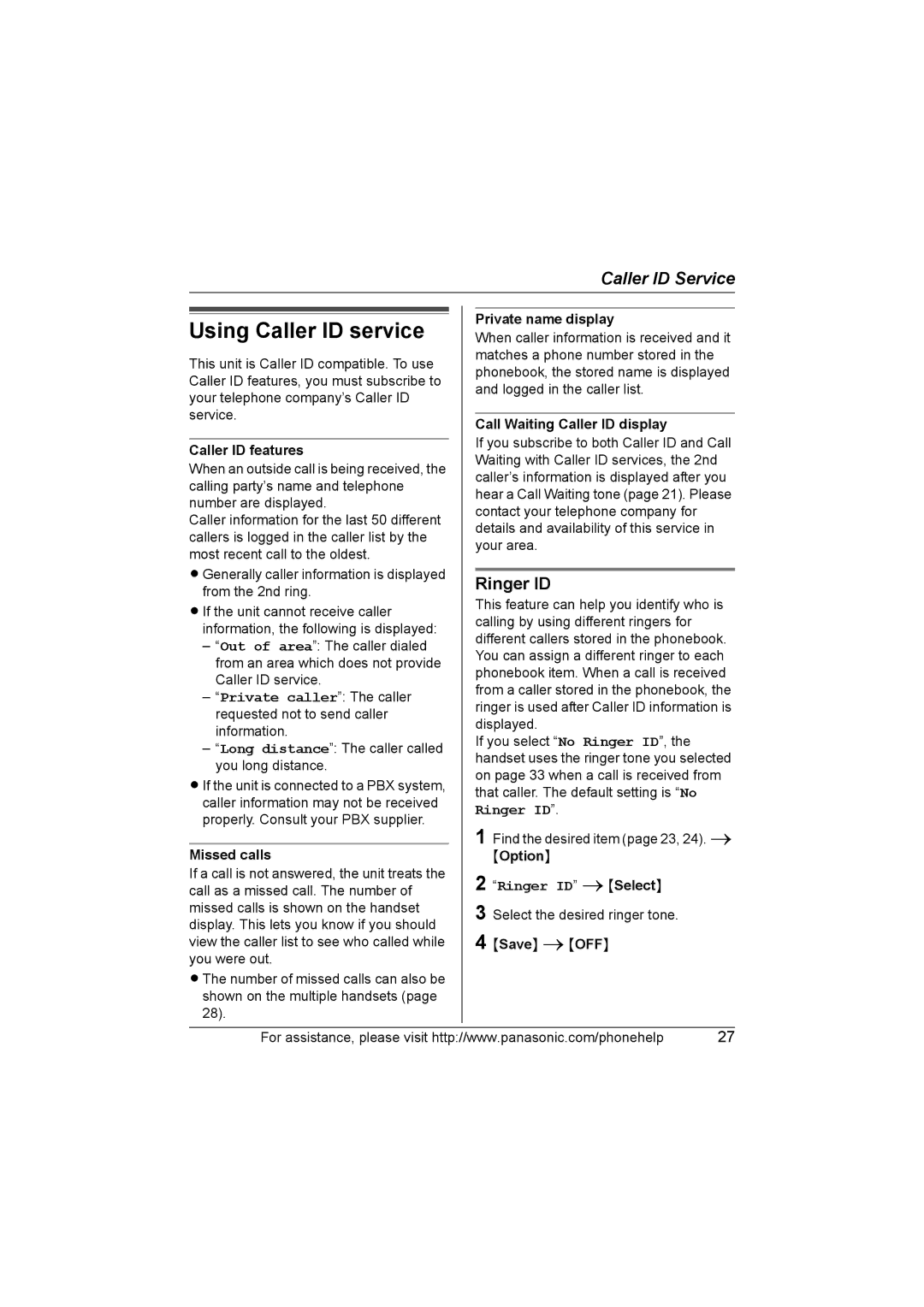 Panasonic KX-TG5664 operating instructions Using Caller ID service, Ringer ID 