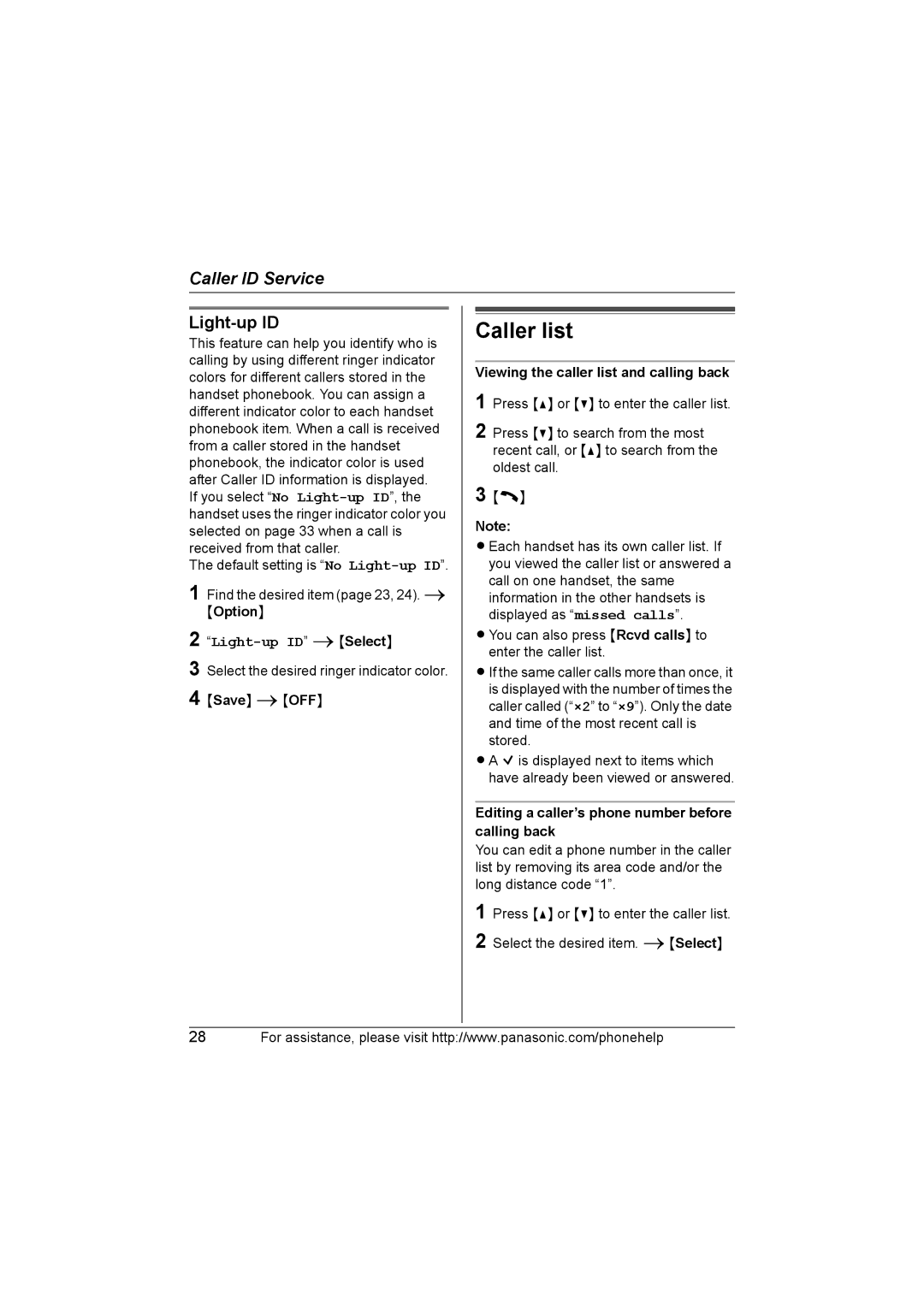 Panasonic KX-TG5664 operating instructions Caller list, Light-up ID, Viewing the caller list and calling back 