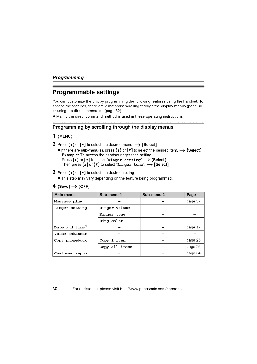 Panasonic KX-TG5664 operating instructions Programmable settings, Programming by scrolling through the display menus, Menu 