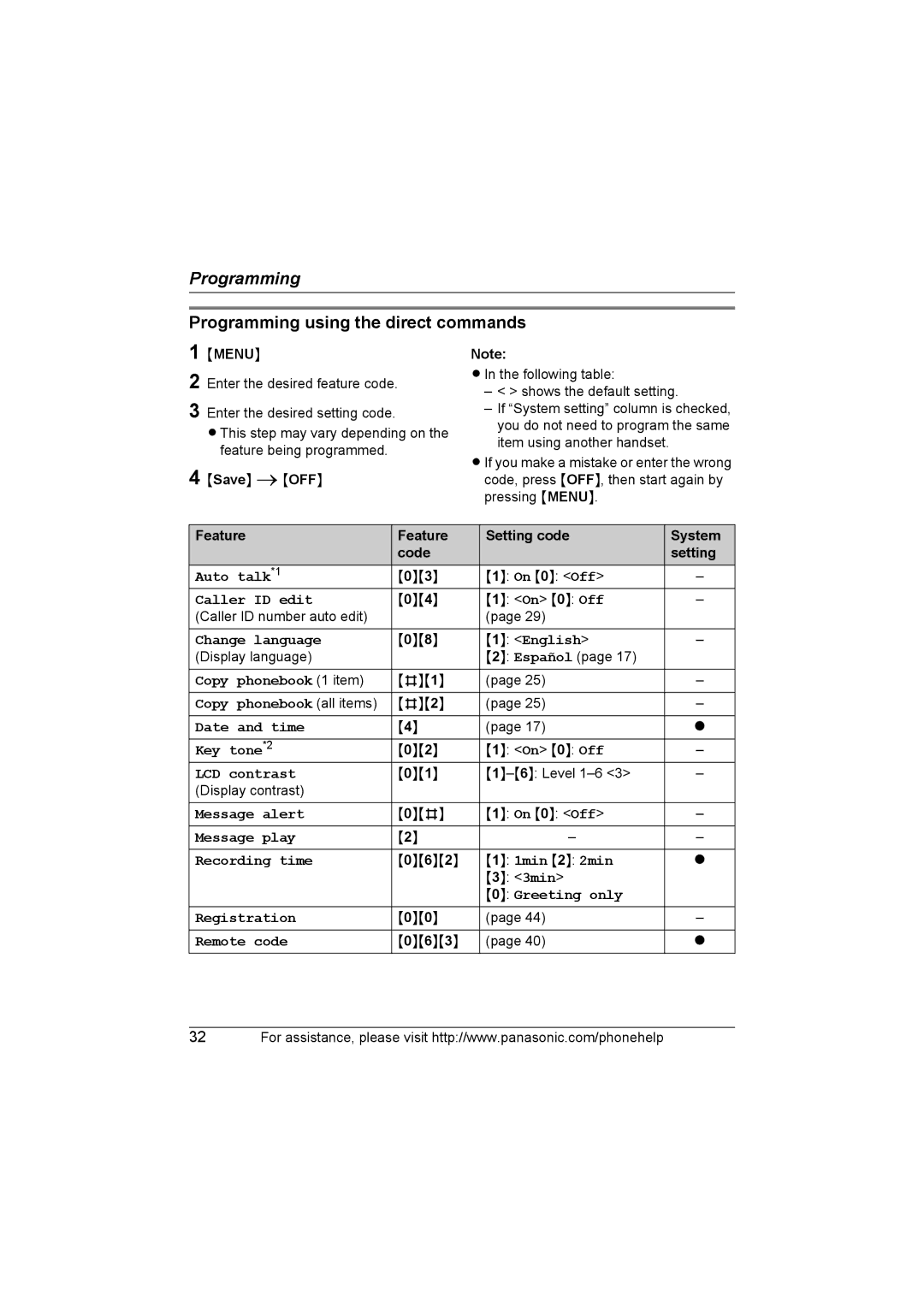 Panasonic KX-TG5664 operating instructions Programming using the direct commands, Menu, Feature Setting code System Code 