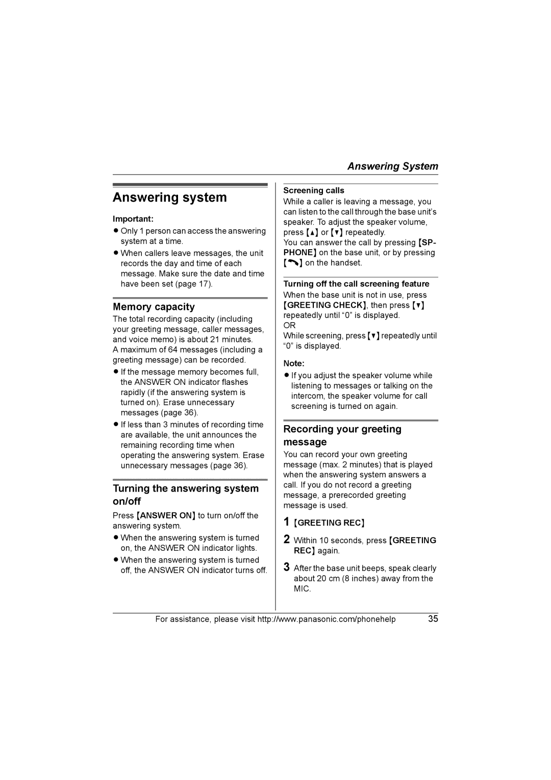 Panasonic KX-TG5664 Answering system, Memory capacity, Turning the answering system on/off, Greeting REC 