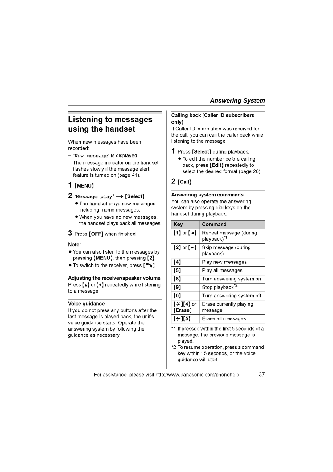 Panasonic KX-TG5664 operating instructions Voice guidance, Calling back Caller ID subscribers only, Key Command, Erase 