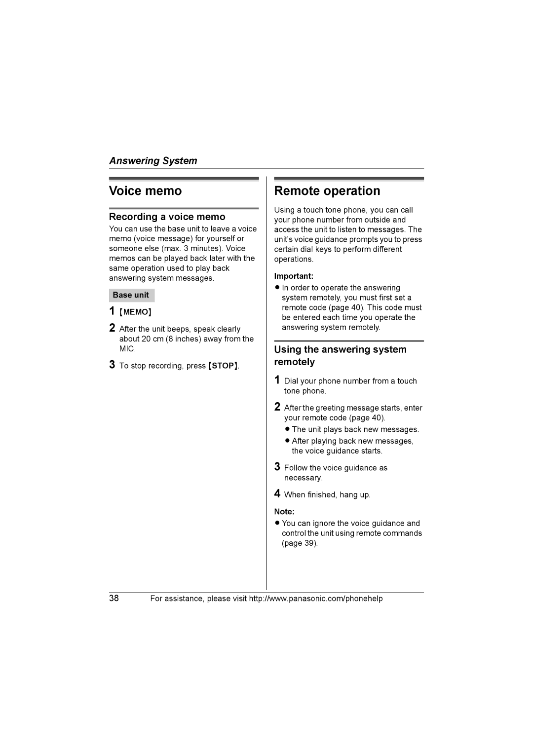 Panasonic KX-TG5664 Voice memo, Remote operation, Recording a voice memo, Using the answering system remotely 