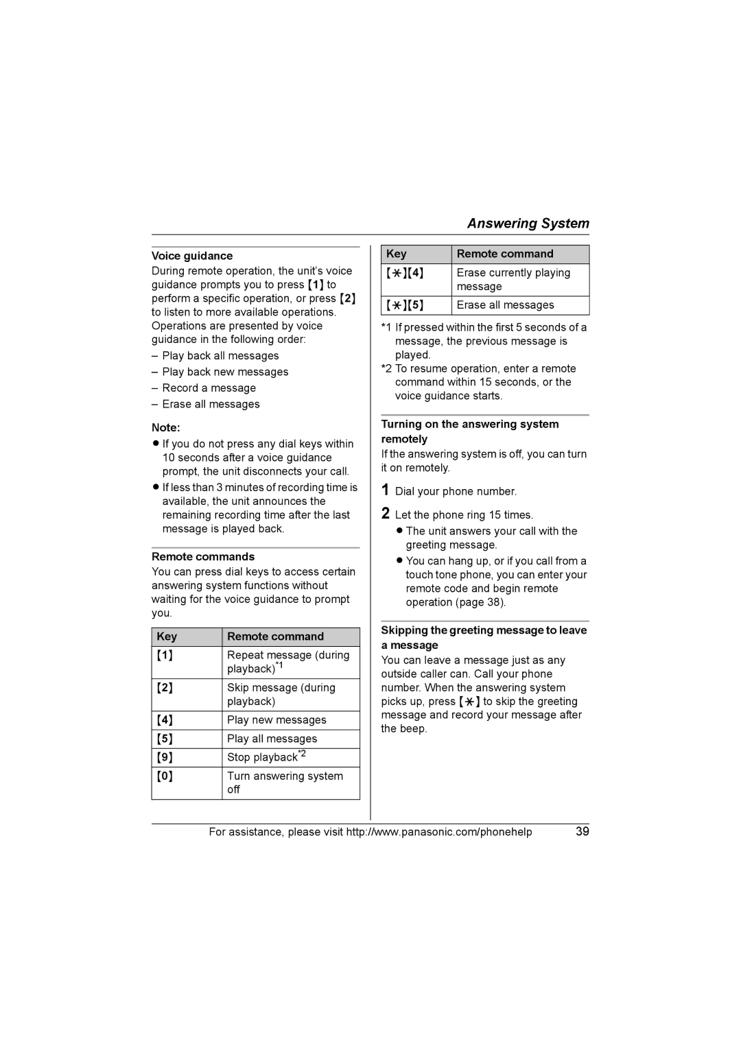 Panasonic KX-TG5664 operating instructions Remote commands, Key Remote command, Turning on the answering system remotely 