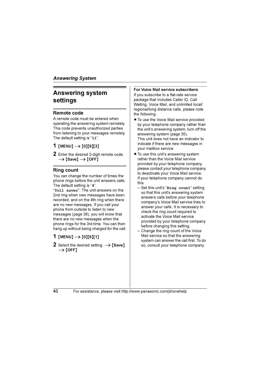 Panasonic KX-TG5664 Answering system settings, Remote code, Ring count, OFF For Voice Mail service subscribers 