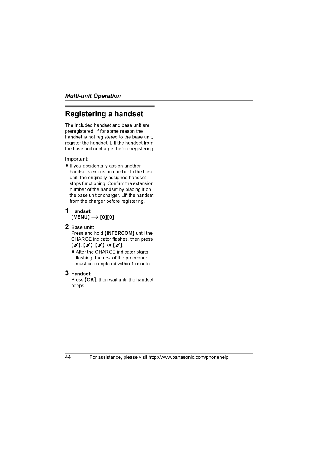 Panasonic KX-TG5664 operating instructions Registering a handset 