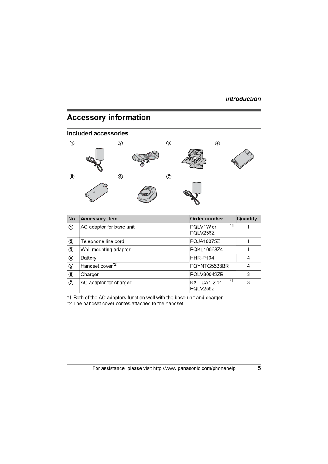 Panasonic KX-TG5664 Accessory information, Included accessories, Accessory item Order number Quantity 