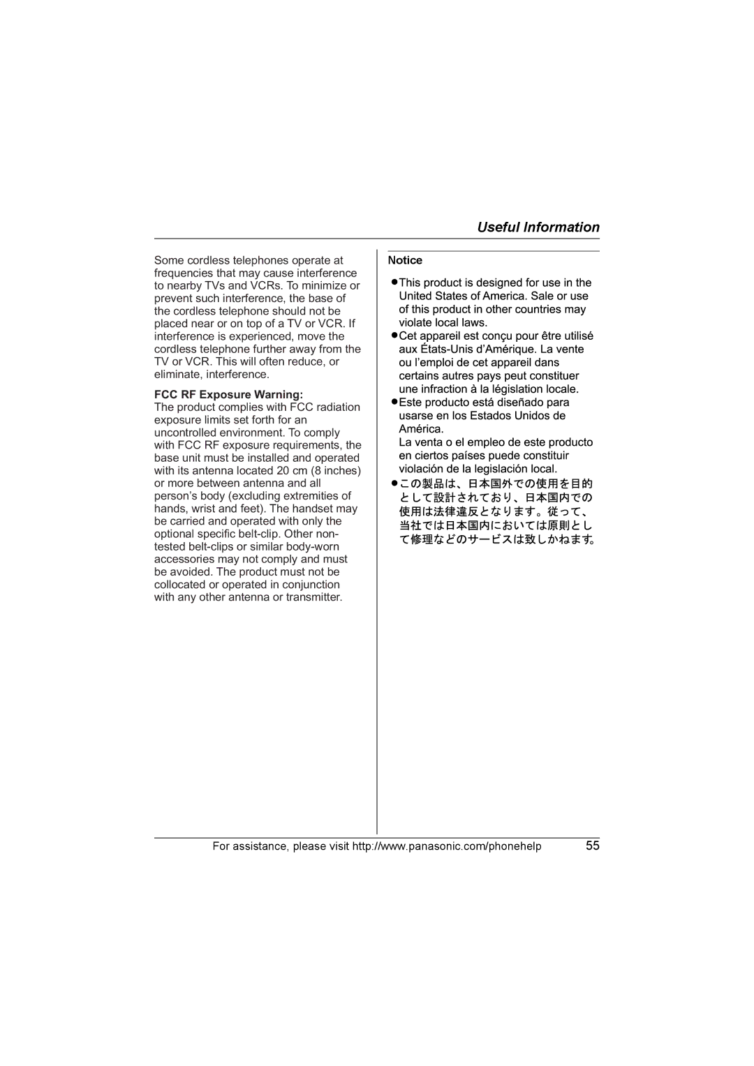 Panasonic KX-TG5664 operating instructions FCC RF Exposure Warning 