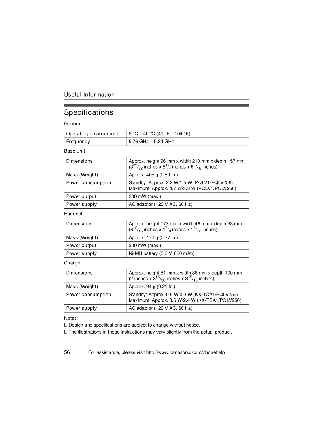 Panasonic KX-TG5664 operating instructions Specifications 