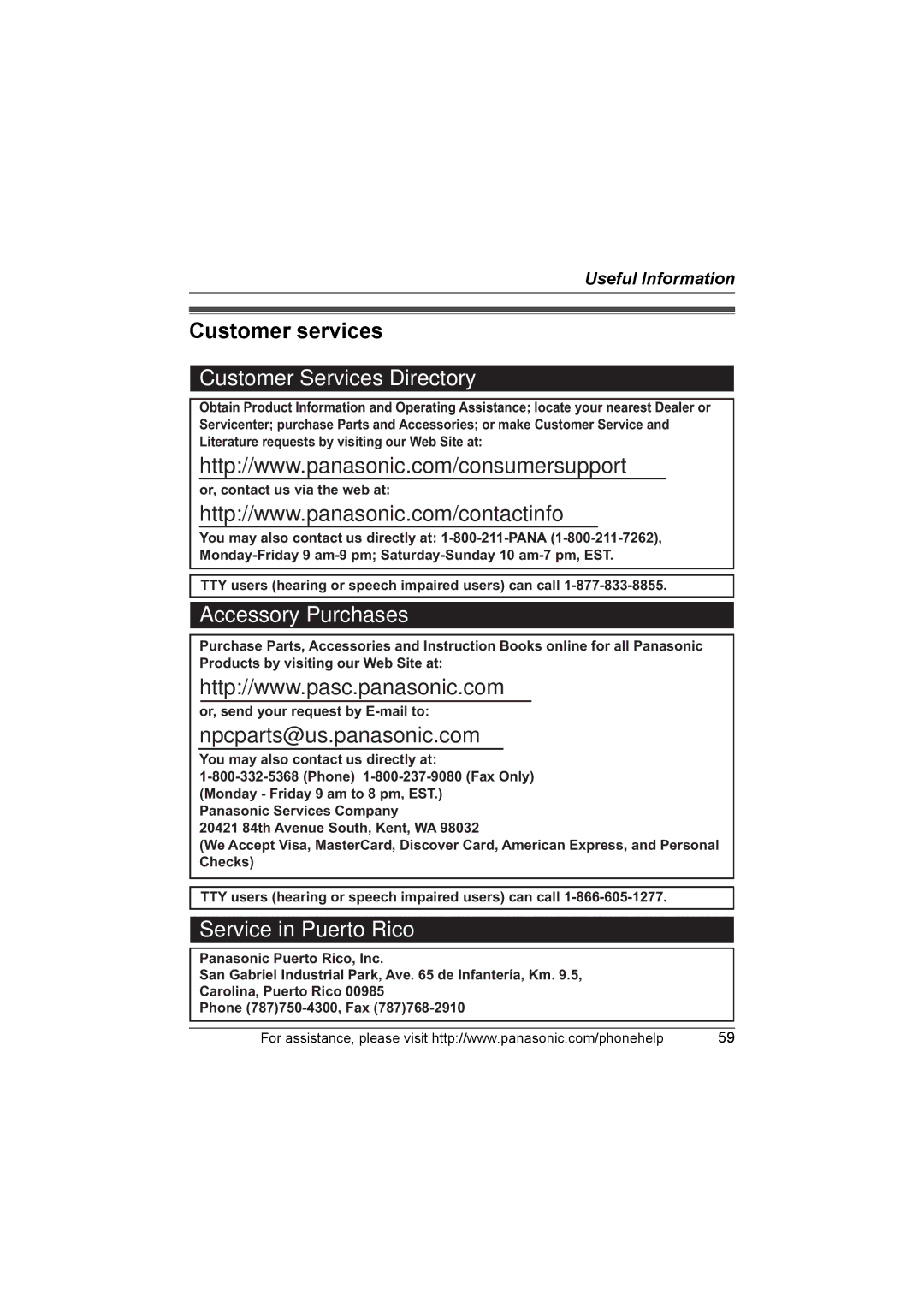 Panasonic KX-TG5664 operating instructions Customer services, Customer Services Directory 