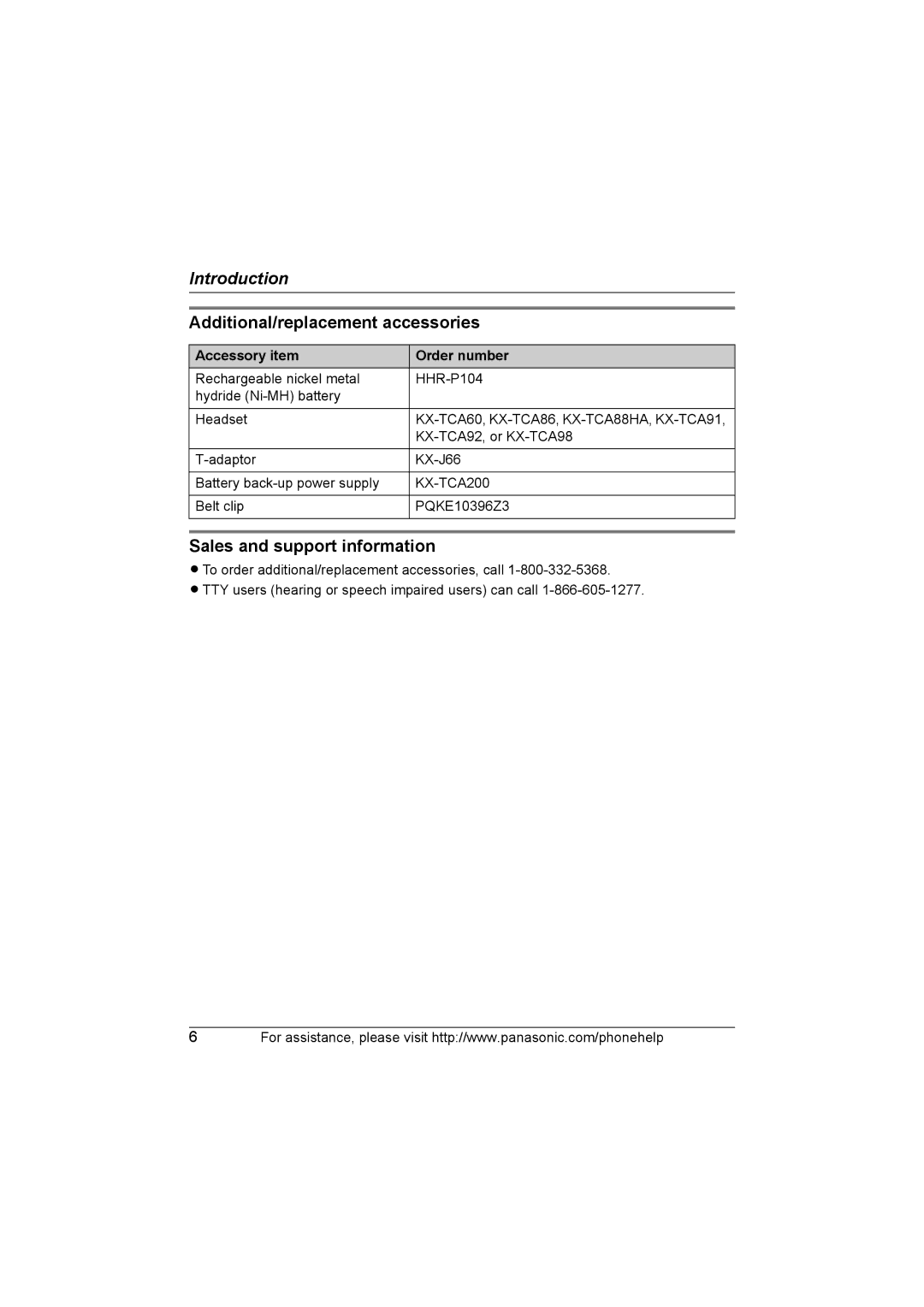 Panasonic KX-TG5664 Additional/replacement accessories, Sales and support information, Accessory item Order number 