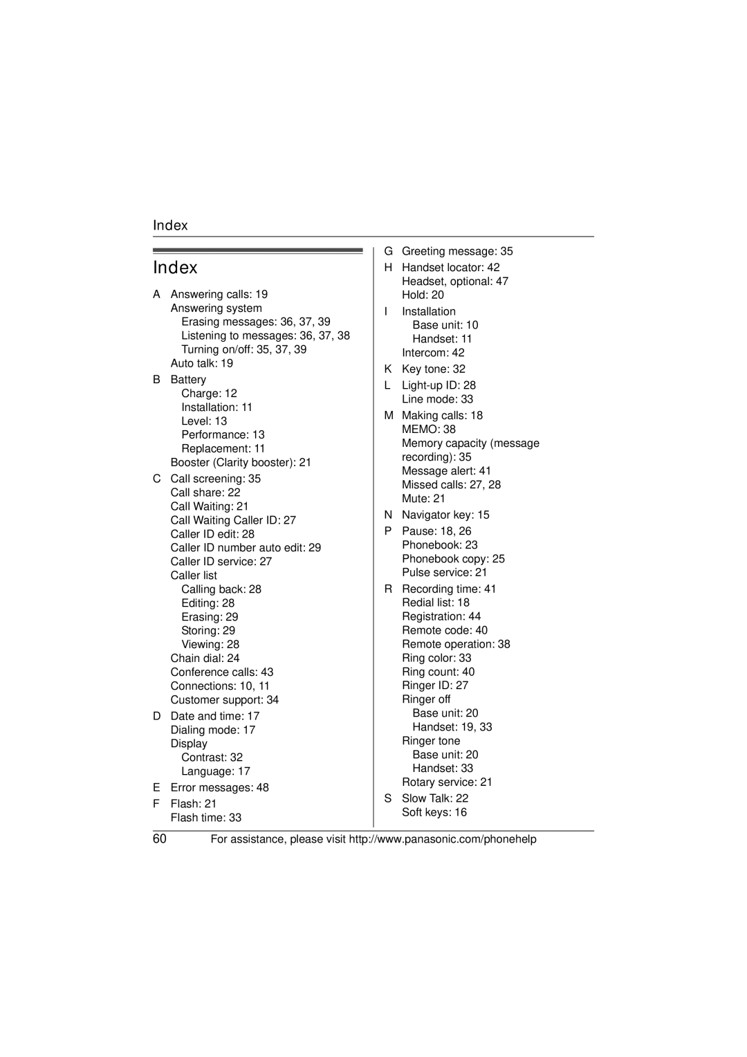 Panasonic KX-TG5664 operating instructions Index 