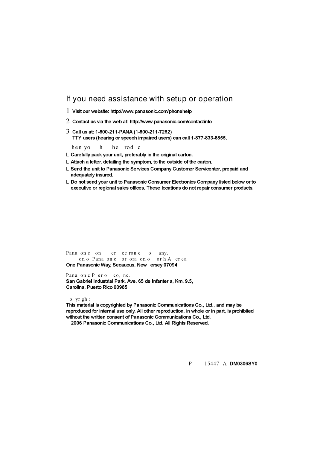 Panasonic KX-TG5664 operating instructions When you ship the product, Panasonic Puerto Rico, Inc, Copyright 