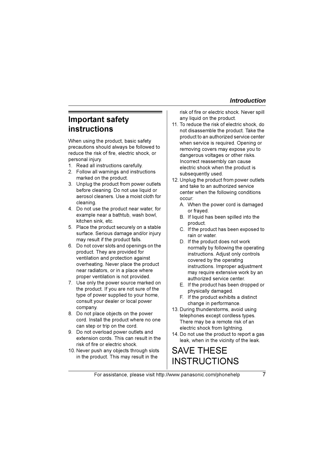 Panasonic KX-TG5664 operating instructions Save These Instructions, Important safety instructions 