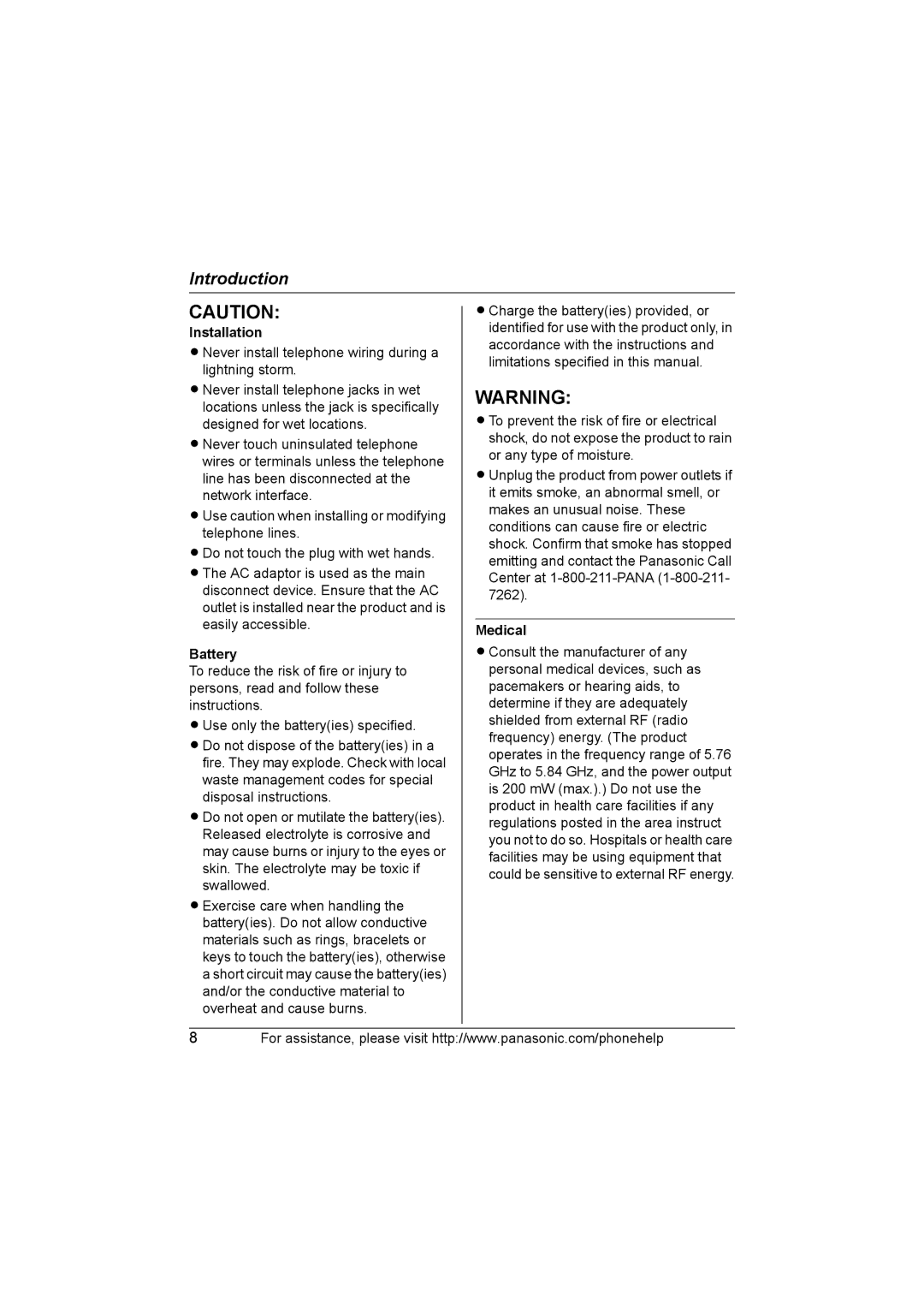 Panasonic KX-TG5664 operating instructions Installation, Battery, Medical 