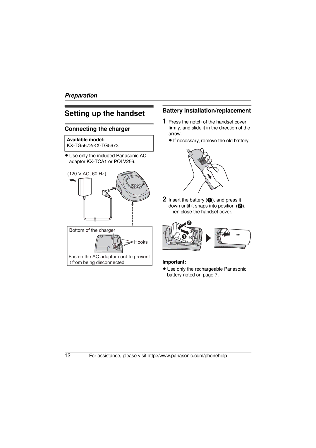 Panasonic KX-TG5673 Setting up the handset, Connecting the charger, Battery installation/replacement, Available model 