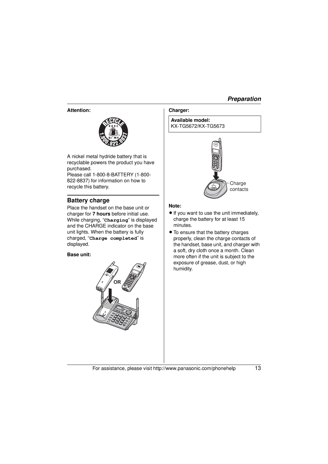 Panasonic KX-TG5671, KX-TG5673, KX-TG5672 operating instructions Battery charge, Base unit Charger Available model 