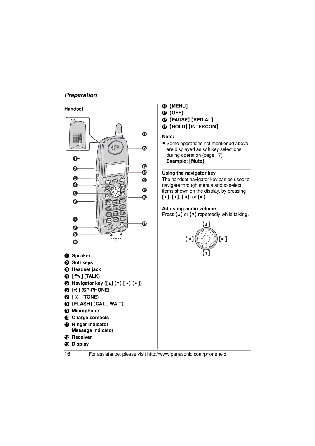 Panasonic KX-TG5671, KX-TG5673 Handset Speaker B Soft keys C Headset jack D C Talk, Menu, Pause Redial Q Hold Intercom 