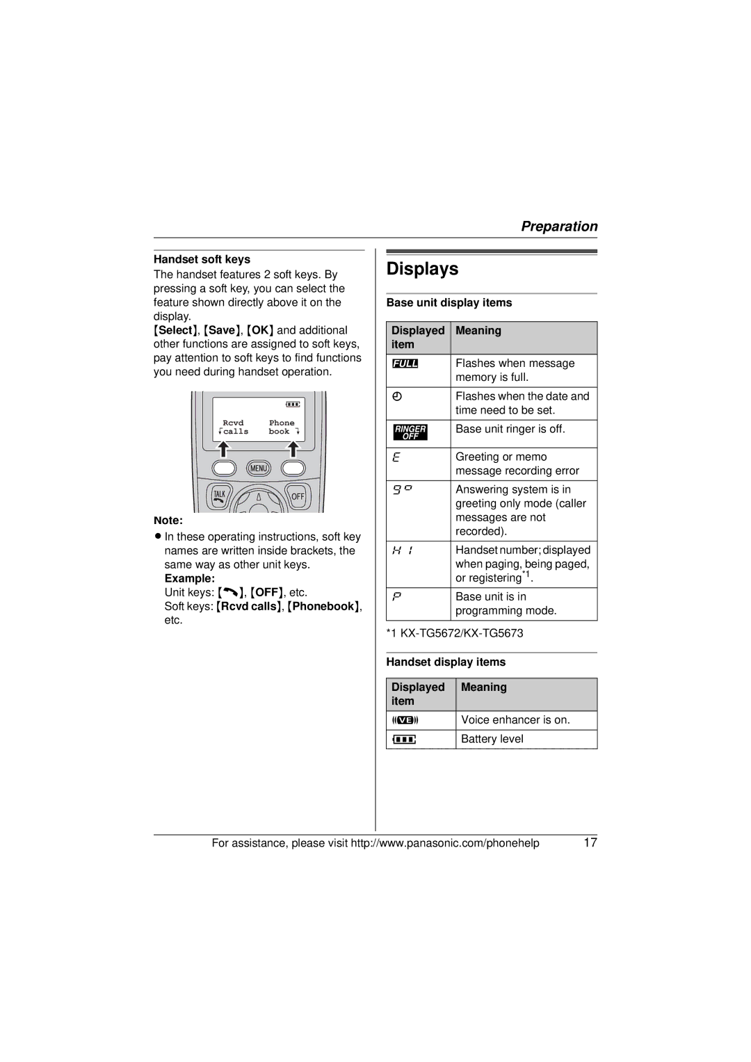 Panasonic KX-TG5672, KX-TG5673, KX-TG5671 Displays, Handset soft keys, Base unit display items Displayed Meaning 