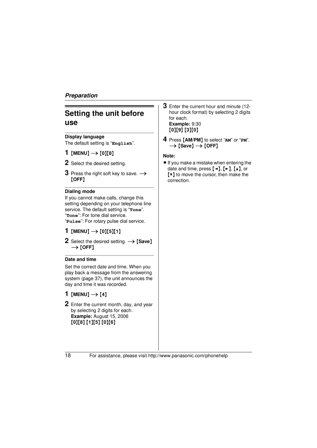 Panasonic KX-TG5673 Setting the unit before use, Display language, Dialing mode, OFF Date and time, Example 930 09 