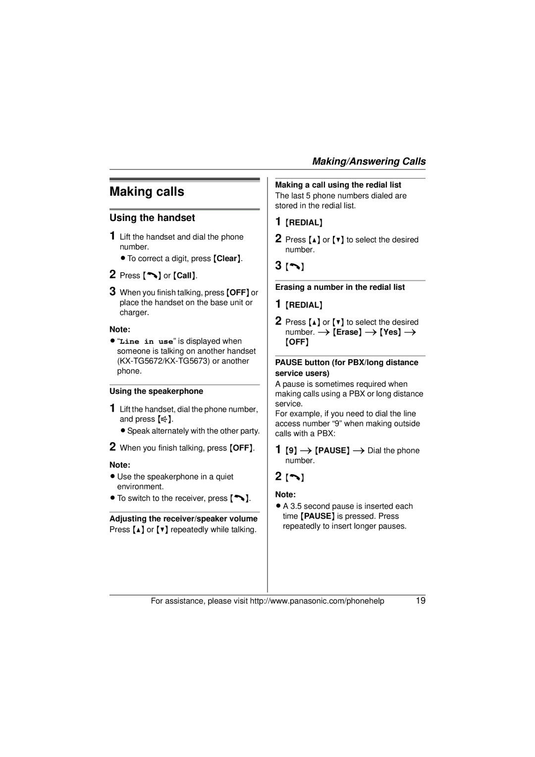 Panasonic KX-TG5671, KX-TG5673, KX-TG5672 operating instructions Making calls, Using the handset, Redial 