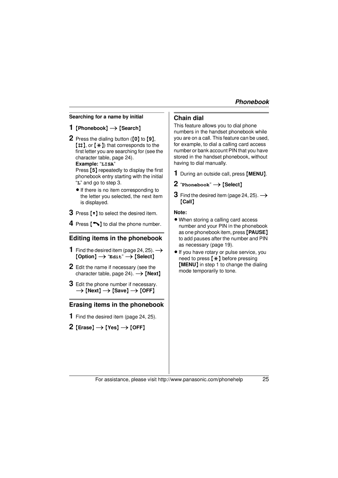 Panasonic KX-TG5671, KX-TG5673, KX-TG5672 Editing items in the phonebook, Erasing items in the phonebook, Chain dial 