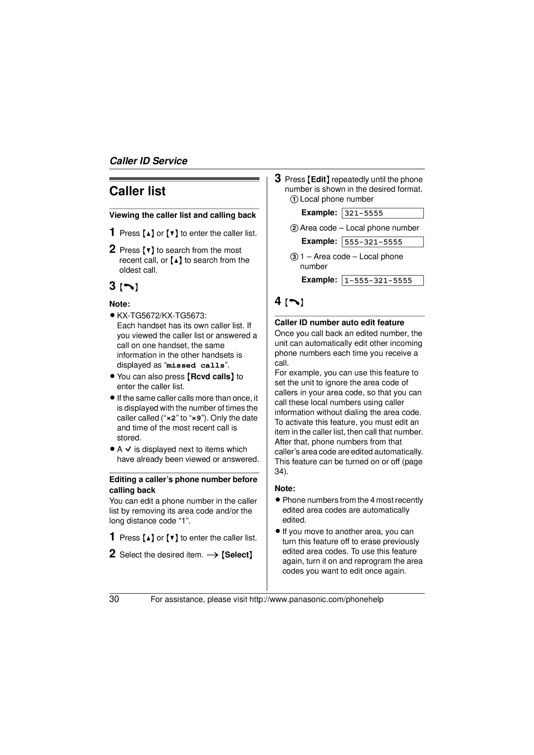 Panasonic KX-TG5673, KX-TG5671 Caller list, Viewing the caller list and calling back, Caller ID number auto edit feature 