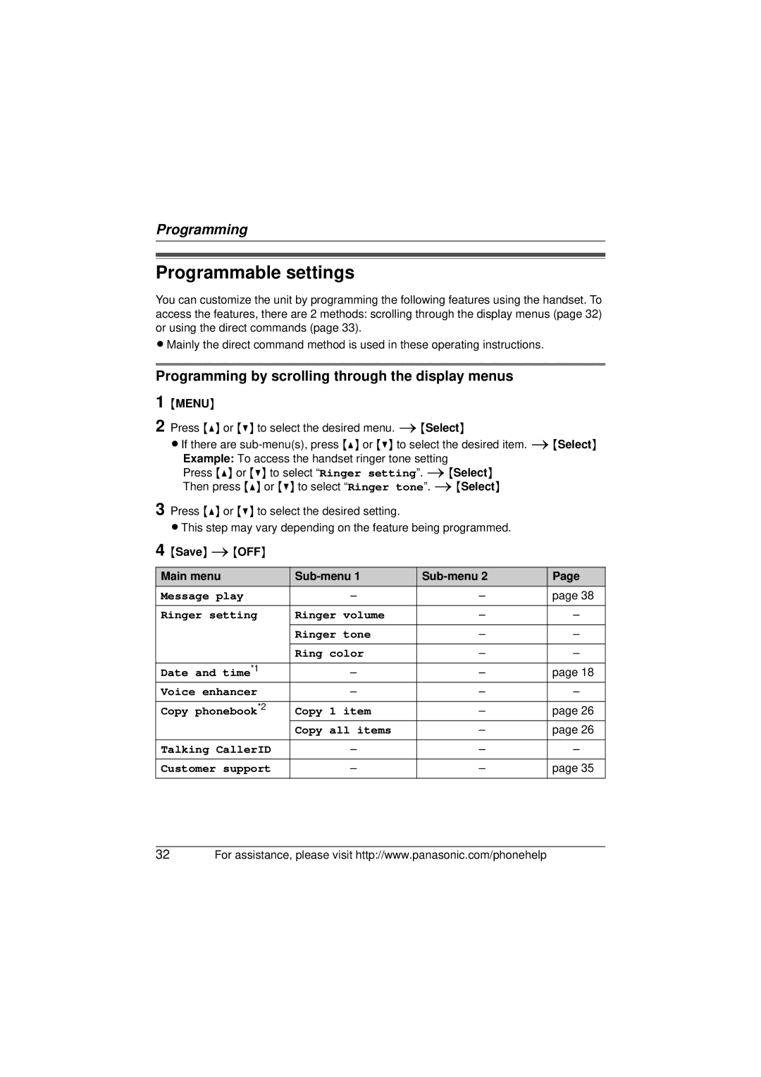 Panasonic KX-TG5672, KX-TG5673, KX-TG5671 Programmable settings, Programming by scrolling through the display menus 