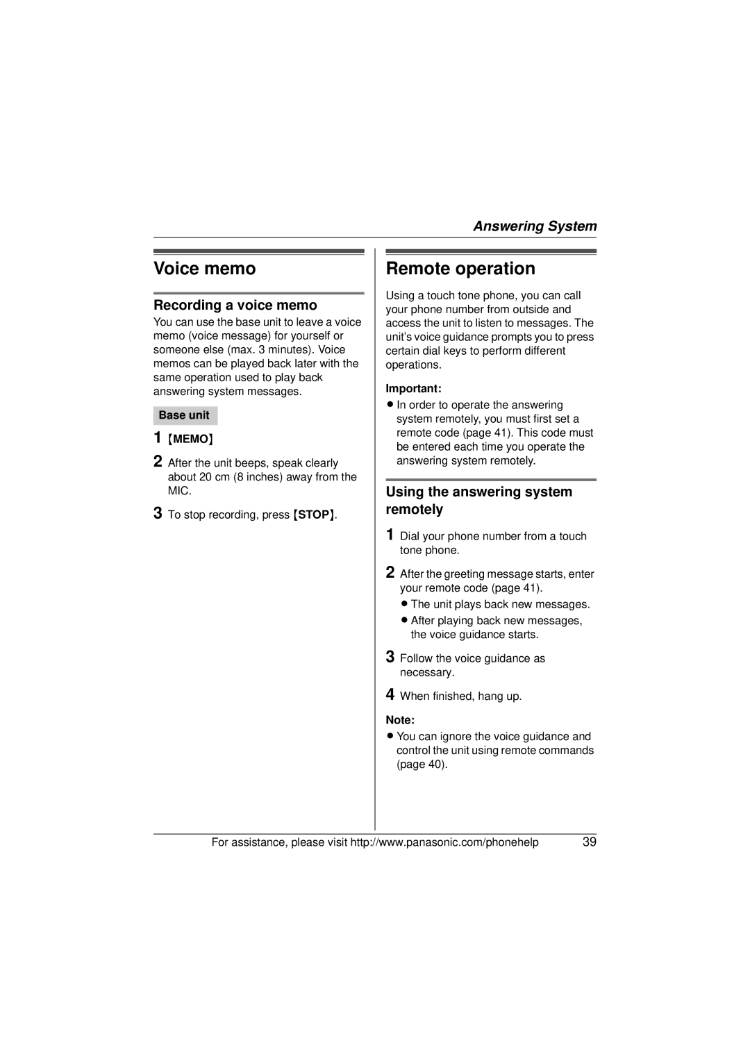 Panasonic KX-TG5673, KX-TG5671 Voice memo, Remote operation, Recording a voice memo, Using the answering system remotely 