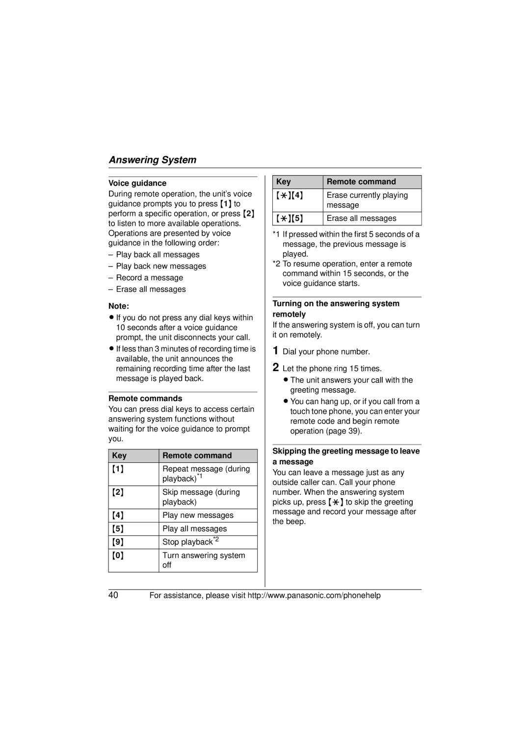 Panasonic KX-TG5671, KX-TG5673, KX-TG5672 Remote commands, Key Remote command, Turning on the answering system remotely 