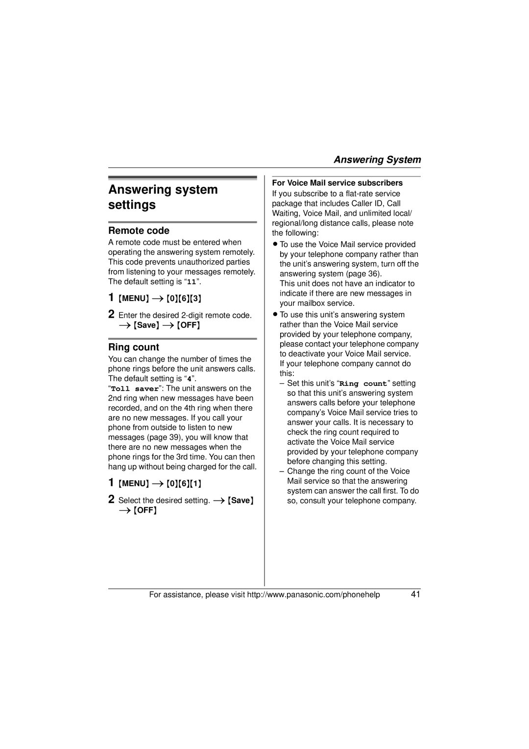 Panasonic KX-TG5672, KX-TG5673 Answering system settings, Remote code, Ring count, OFF For Voice Mail service subscribers 