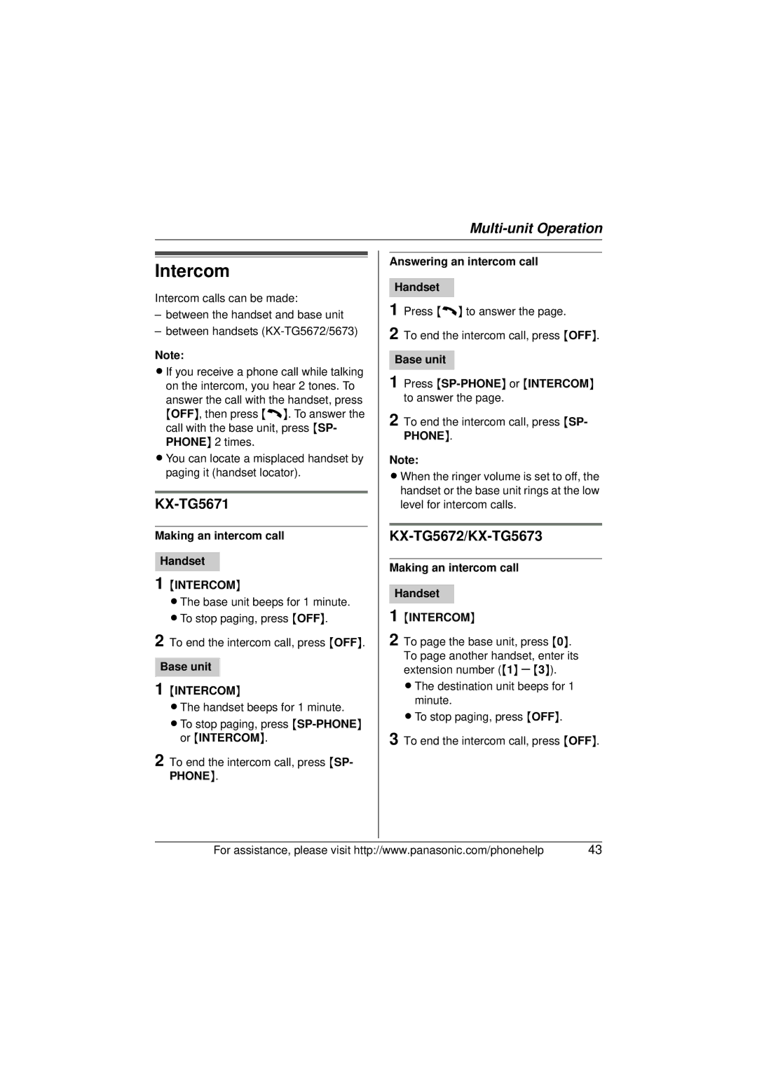 Panasonic KX-TG5671 operating instructions Intercom, KX-TG5672/KX-TG5673 