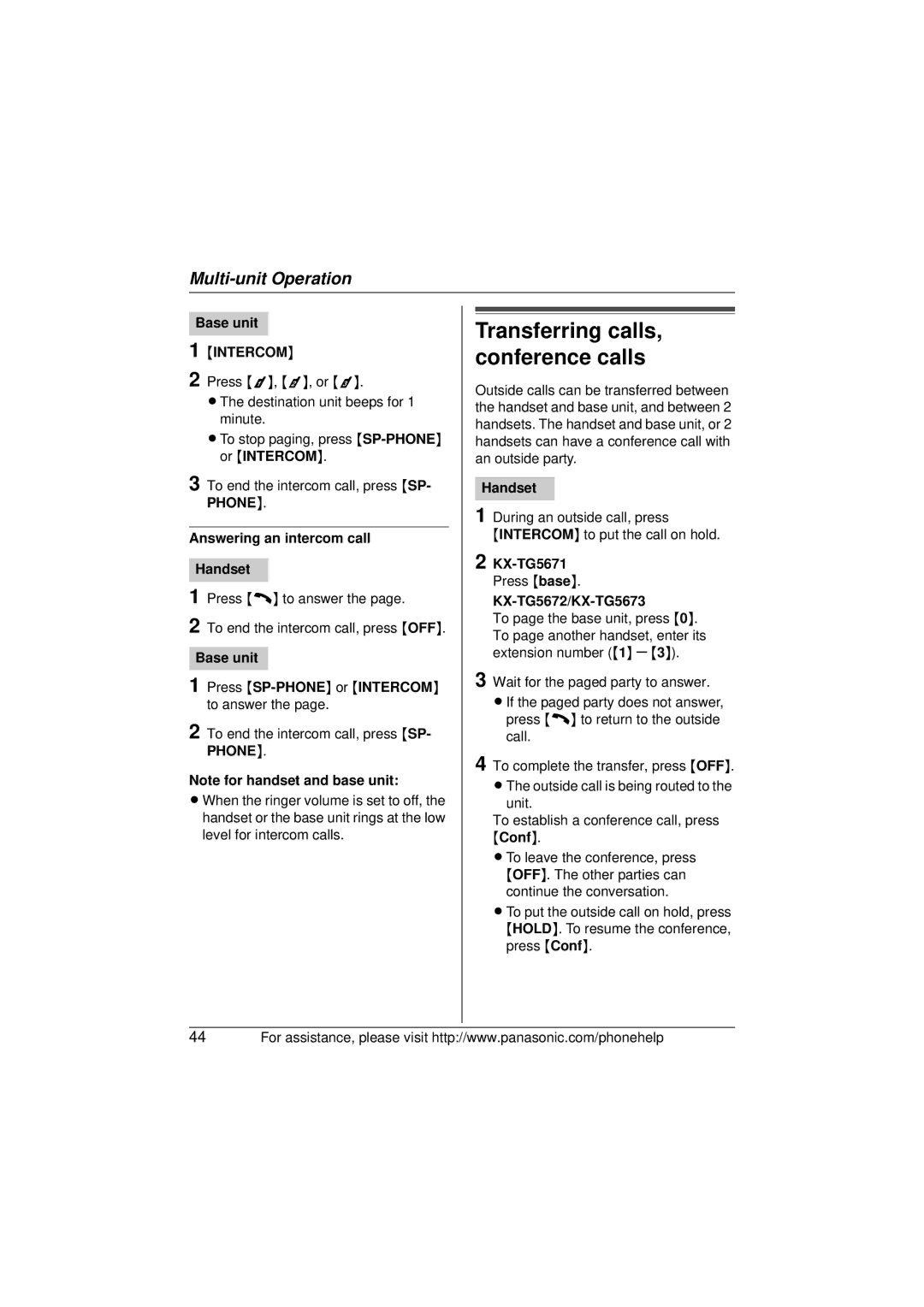 Panasonic operating instructions Transferring calls, conference calls, KX-TG5671 Press base KX-TG5672/KX-TG5673 