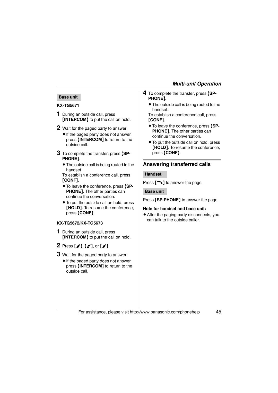 Panasonic KX-TG5673, KX-TG5672 operating instructions Answering transferred calls, Base unit KX-TG5671 