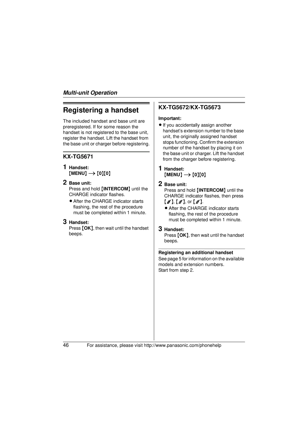 Panasonic KX-TG5671, KX-TG5673, KX-TG5672 operating instructions Registering a handset, Registering an additional handset 