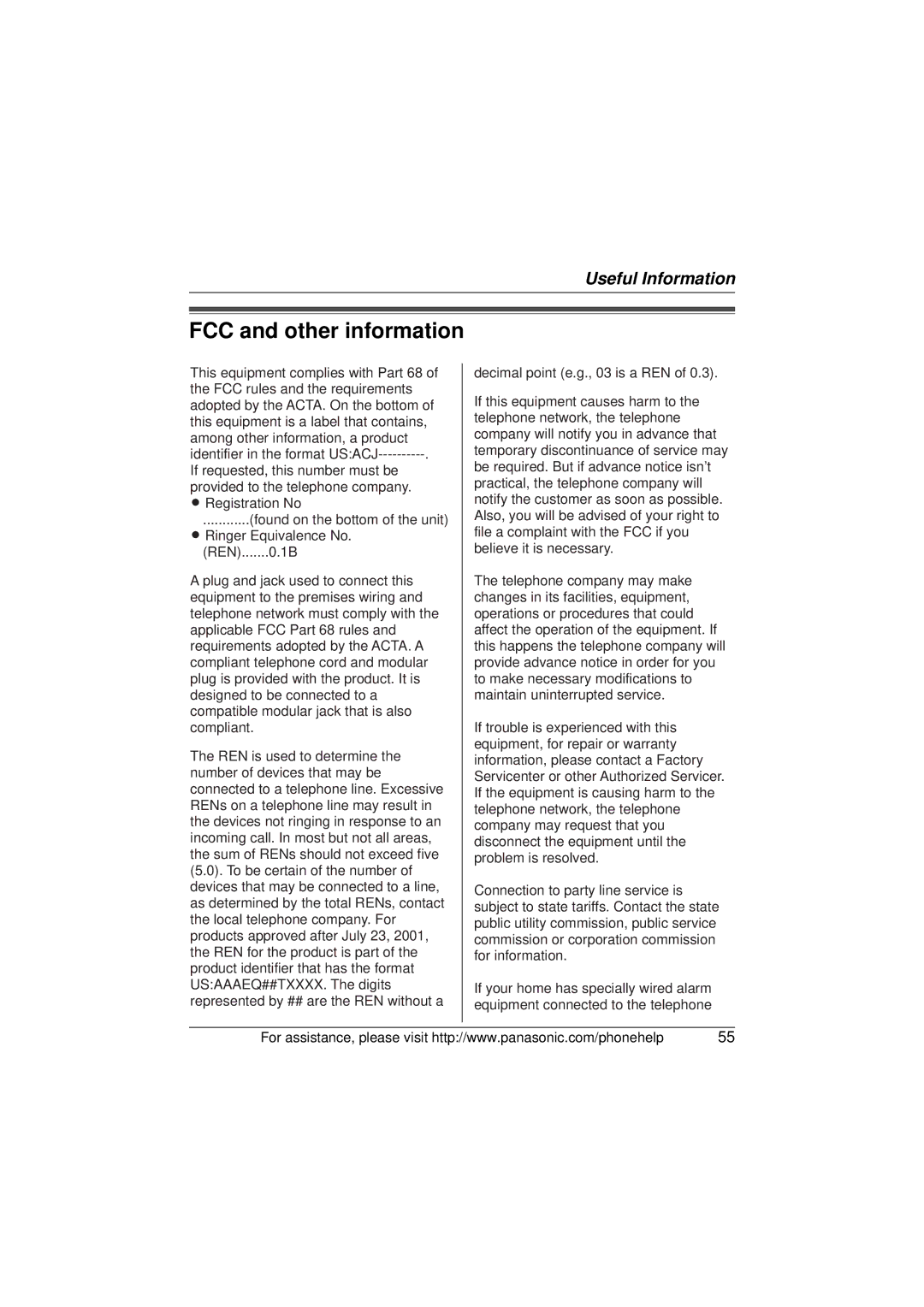 Panasonic KX-TG5671, KX-TG5673, KX-TG5672 operating instructions FCC and other information 