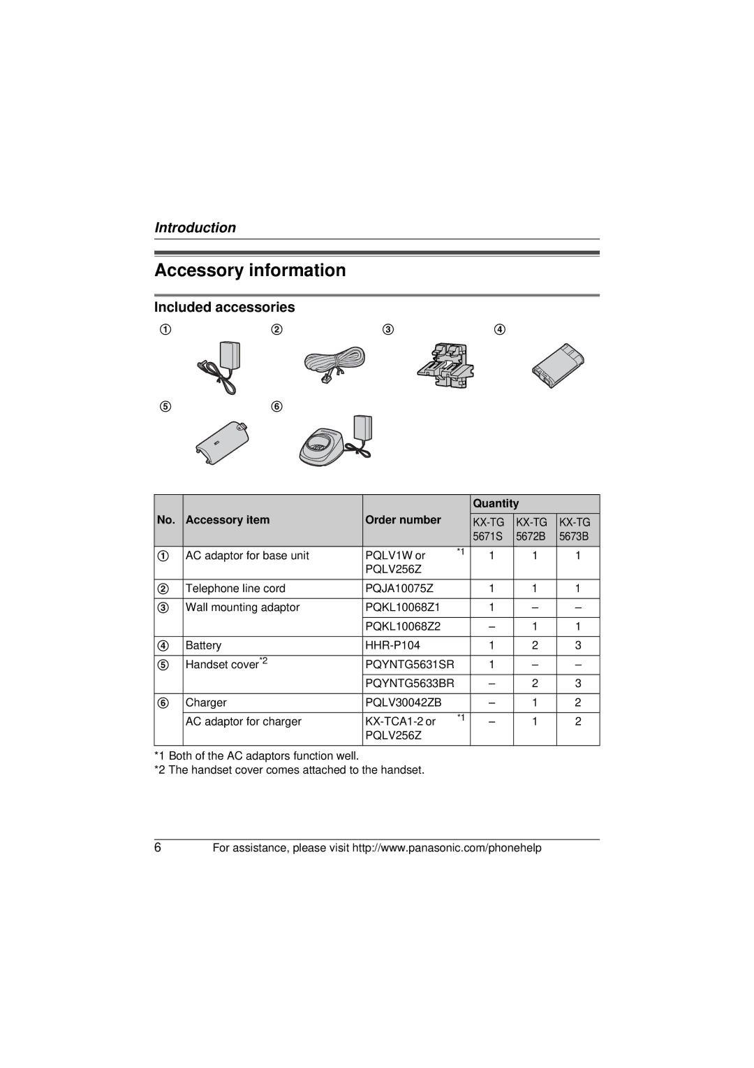 Panasonic KX-TG5673, KX-TG5671, KX-TG5672 Accessory information, Included accessories, Quantity Accessory item Order number 