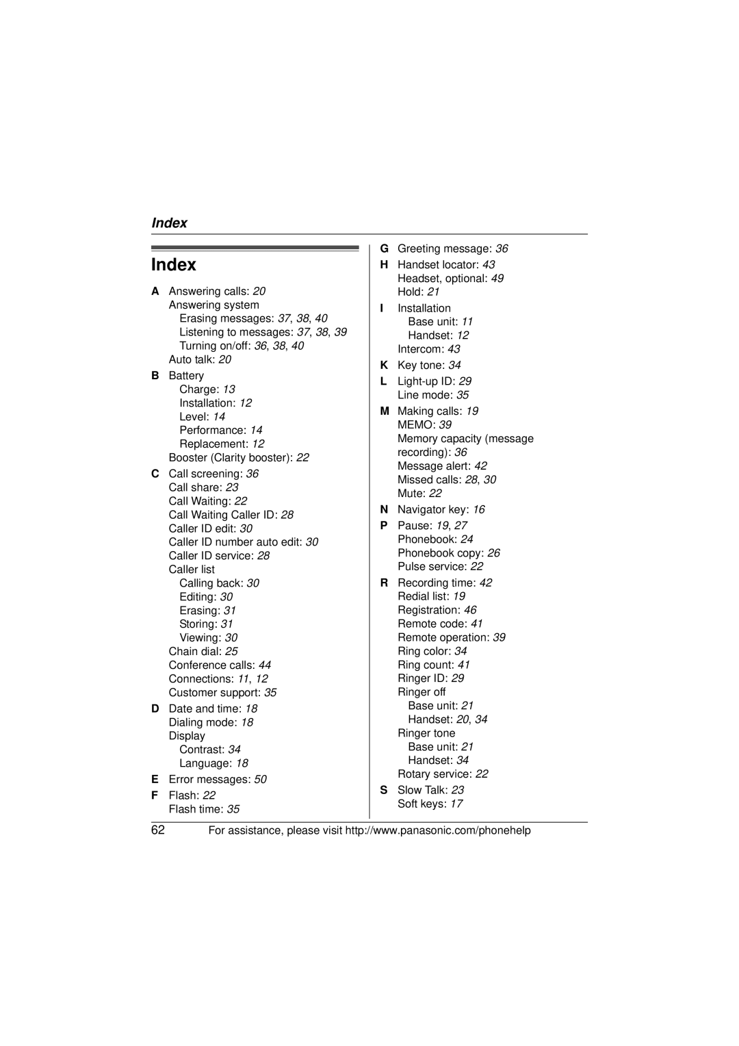 Panasonic KX-TG5672, KX-TG5673, KX-TG5671 operating instructions Index 