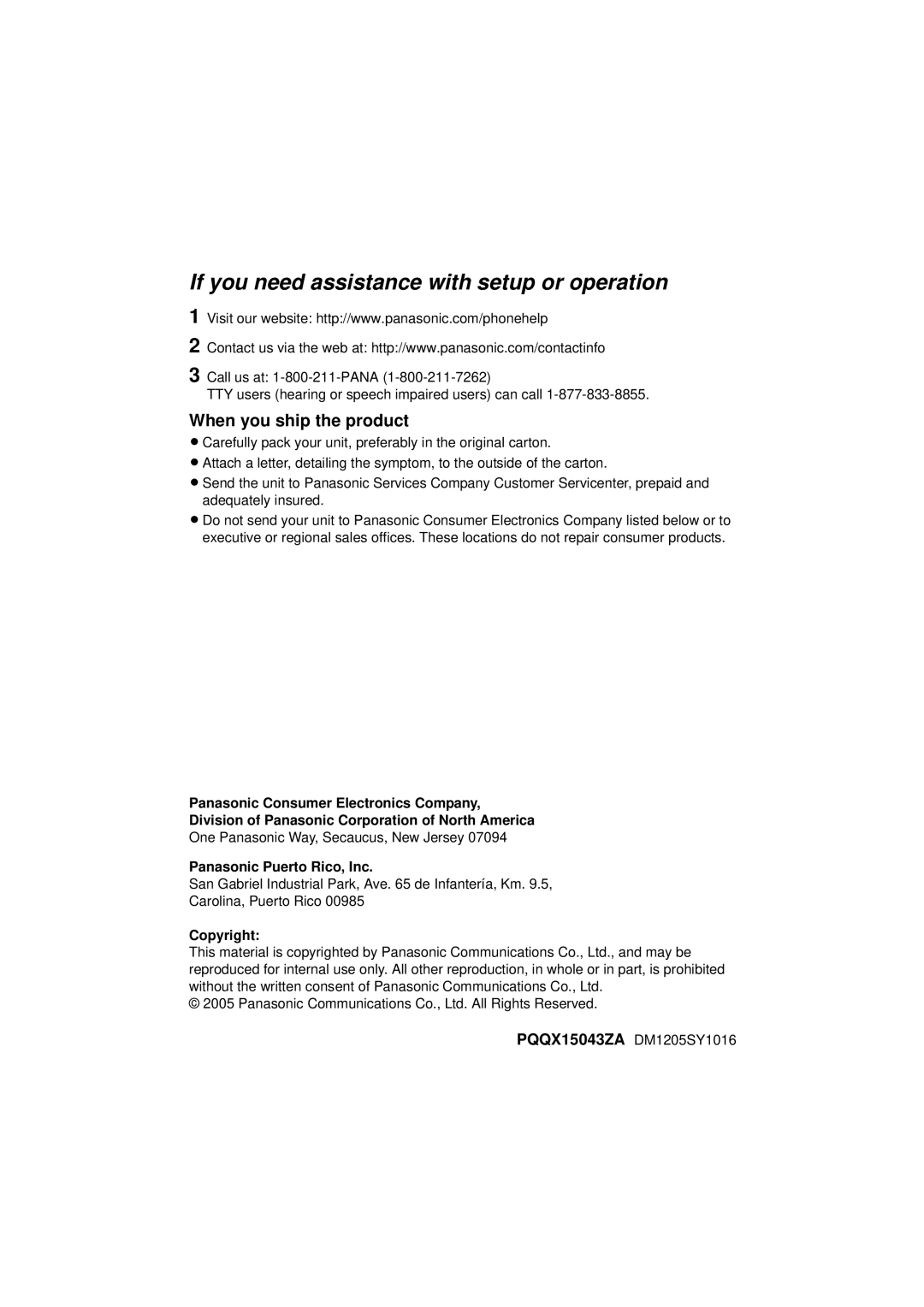 Panasonic KX-TG5671, KX-TG5673, KX-TG5672 When you ship the product, Panasonic Puerto Rico, Inc, Copyright 