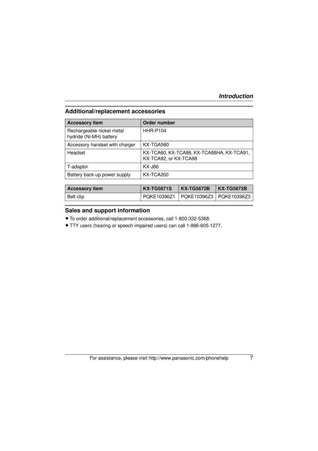 Panasonic KX-TG5671 Additional/replacement accessories, Sales and support information, Accessory item Order number 