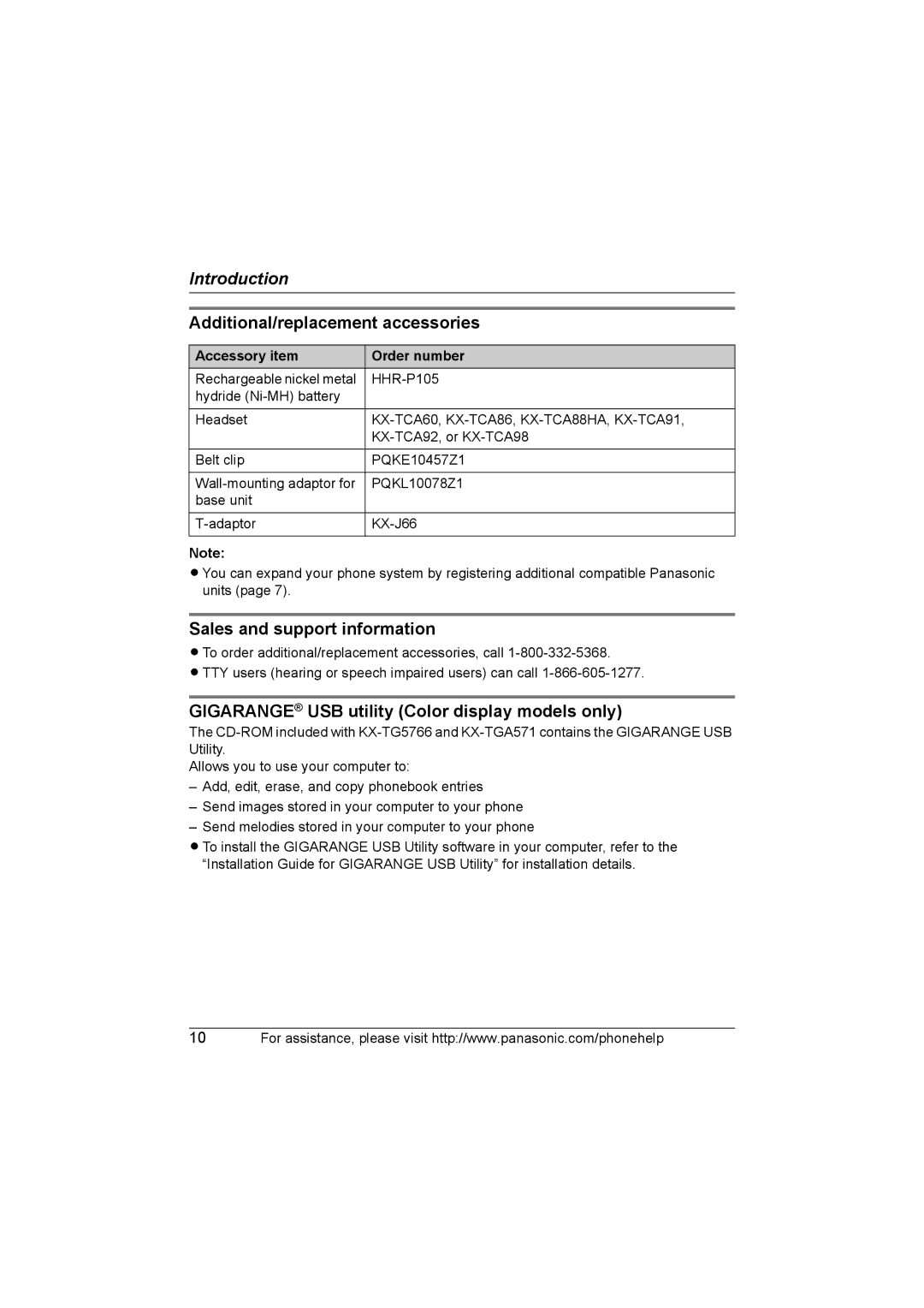 Panasonic KX-TG5761, KX-TG5766, KX-TG5767 Additional/replacement accessories, Sales and support information 