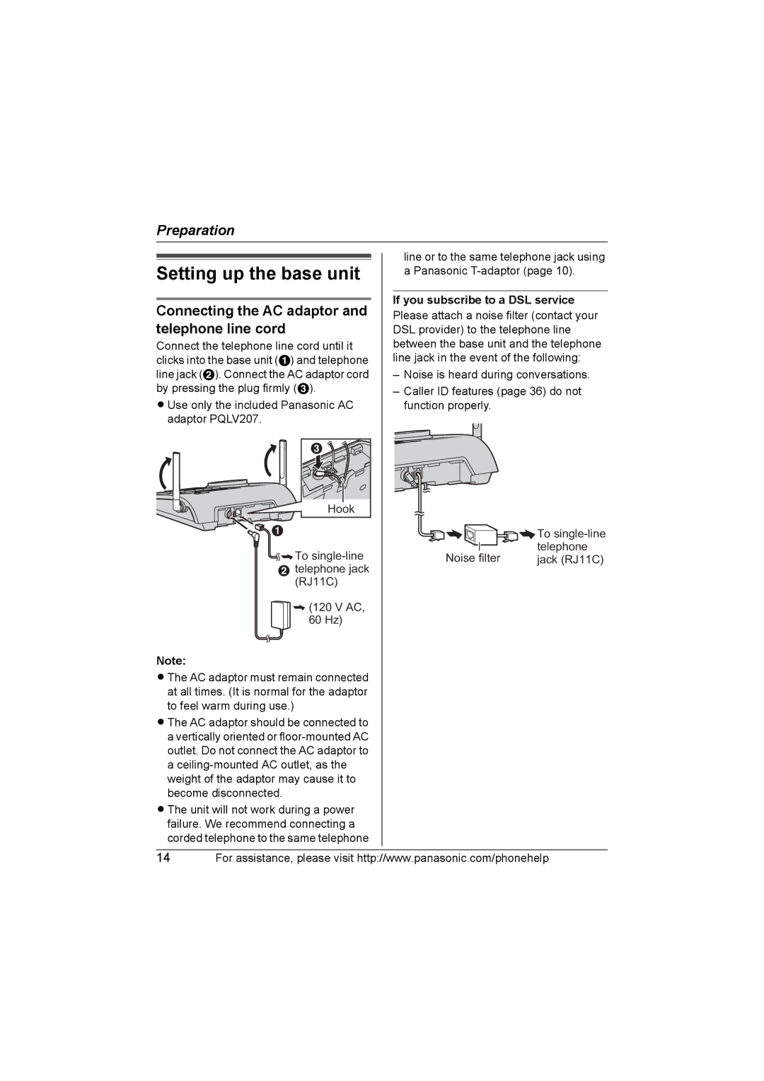 Panasonic KX-TG5761, KX-TG5766, KX-TG5767 Setting up the base unit, Connecting the AC adaptor and telephone line cord 