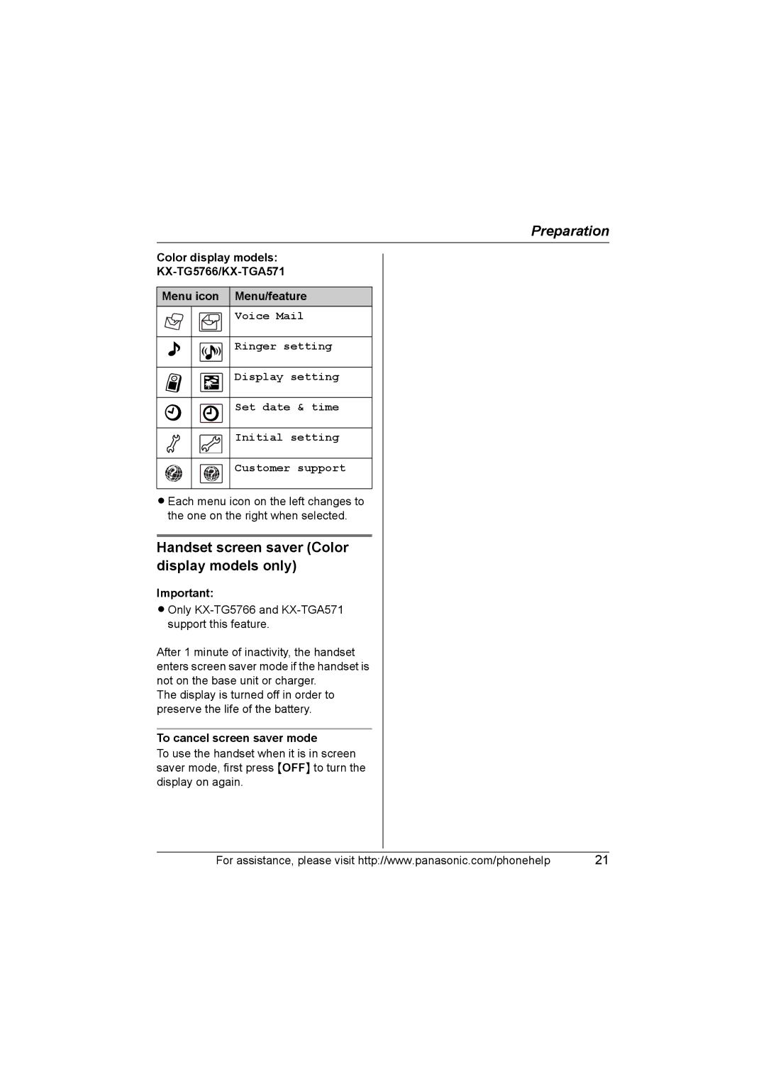 Panasonic KX-TG5761, KX-TG5766, KX-TG5767 Handset screen saver Color display models only, To cancel screen saver mode 