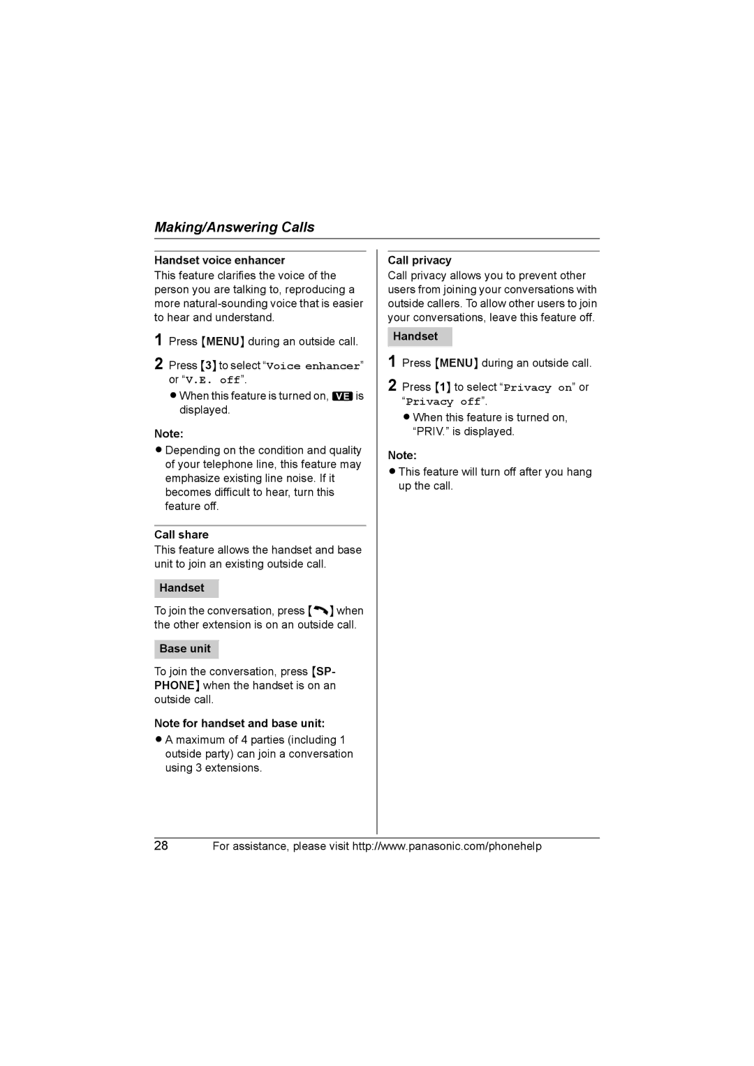 Panasonic KX-TG5761, KX-TG5766, KX-TG5767 operating instructions Handset voice enhancer, Call share, Call privacy 