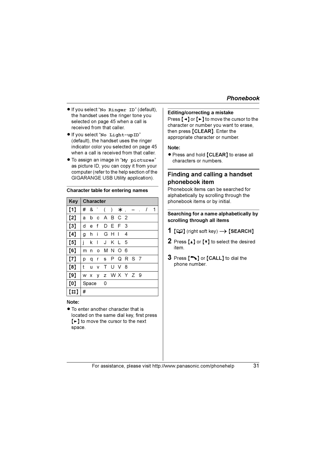 Panasonic KX-TG5761, KX-TG5766, KX-TG5767 Finding and calling a handset phonebook item, Editing/correcting a mistake 