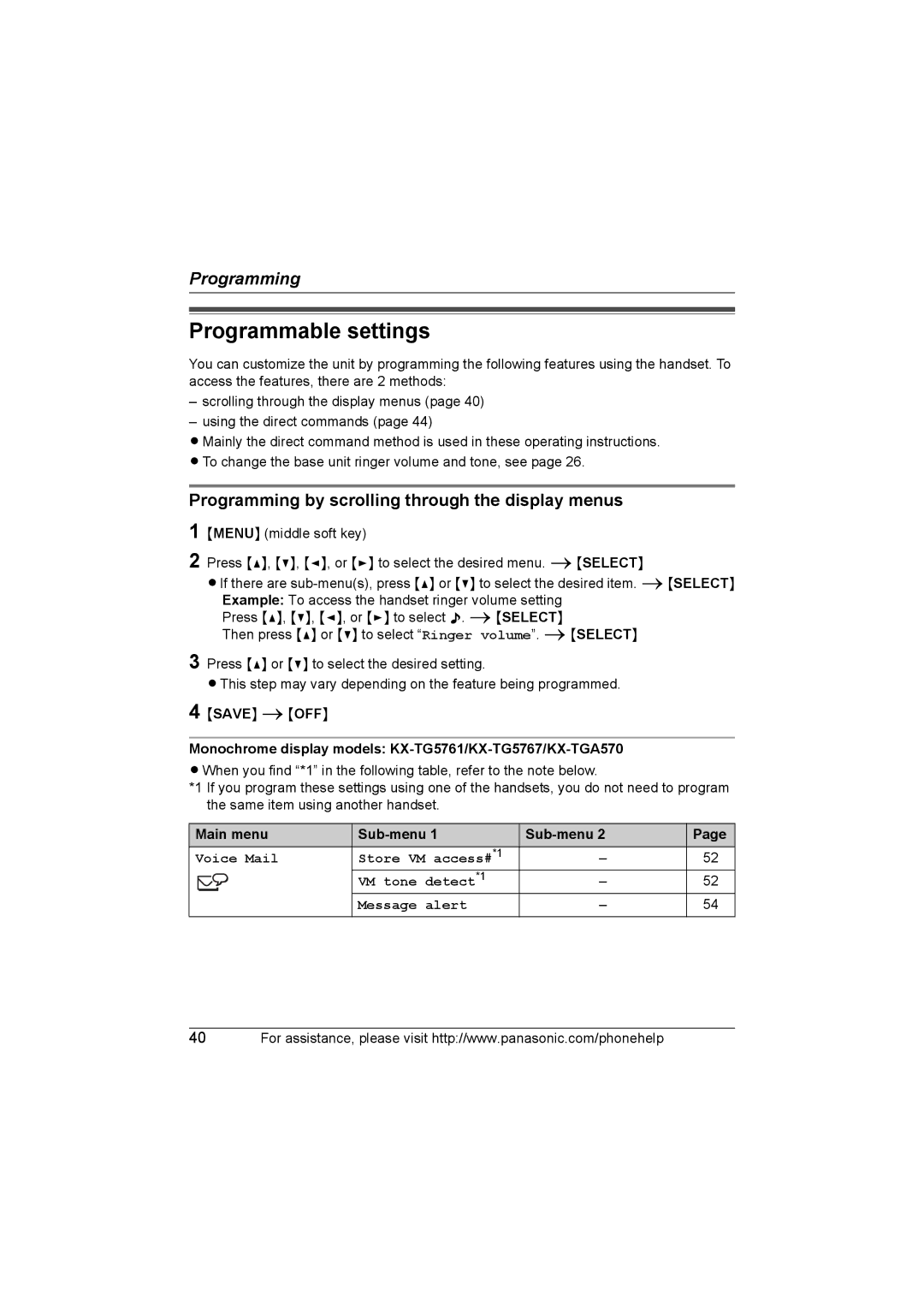 Panasonic KX-TG5761, KX-TG5766, KX-TG5767 Programmable settings, Programming by scrolling through the display menus 